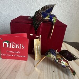 VTG Hummingbird Ornaments Cloisonné Enamel Metal w‎ Original Box Set Of 2